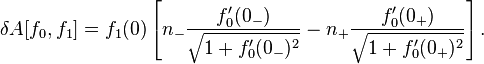  \delta A[f_0,f_1] = f_1(0)\left[ n_-\frac{f_0'(0_-)}{\sqrt{1 + f_0'(0_-)^2}} -n_+\frac{f_0'(0_+)}{\sqrt{1 + f_0'(0_+)^2}} \right].\,