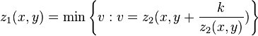 z_1(x, y) = \min \left \{v : v = z_2(x, y + \frac{k}{z_2(x, y)}) \right \} 