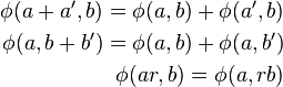  \begin{align}
\phi(a+a',b)=\phi(a,b)+\phi(a',b) \\
\phi(a,b+b')=\phi(a,b)+\phi(a,b') \\
\phi(ar,b)=\phi(a,rb)
\end{align} 