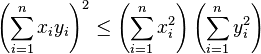 \left(\sum_{i=1}^n x_i y_i\right)^2\leq \left(\sum_{i=1}^n x_i^2\right) \left(\sum_{i=1}^n y_i^2\right)