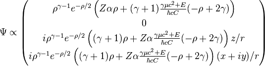 \Psi\propto\begin{pmatrix}
\rho^{\gamma-1} e^{-\rho/2}\left(Z\alpha\rho+(\gamma+1)\frac{\gamma\mu c^2+E}{\hbar cC}(-\rho+2\gamma)\right)\\
0\\
i\rho^{\gamma-1}e^{-\rho/2}\left((\gamma+1)\rho+Z\alpha\frac{\gamma\mu c^2+E}{\hbar cC}(-\rho+2\gamma)\right)z/r\\
i\rho^{\gamma-1}e^{-\rho/2}\left((\gamma+1)\rho+Z\alpha\frac{\gamma\mu c^2+E}{\hbar cC}(-\rho+2\gamma)\right)(x+iy)/r
\end{pmatrix}