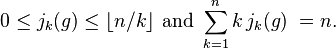 0 \le j_k(g) \le \lfloor n/k \rfloor \mbox{ and }
\sum_{k=1}^n k \, j_k(g) \; = n.