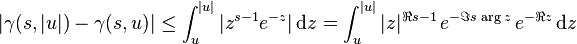 |\gamma(s, |u|) - \gamma(s, u)| \le \int_u^{|u|} |z^{s-1} e^{-z}|\,{\rm d}z = \int_u^{|u|} |z|^{\Re s - 1}\,e^{-\Im s\,\arg z}\,e^{-\Re z} \,{\rm d}z