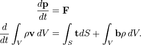 \begin{align}
\frac{d\mathbf p}{dt} &= \mathbf F \\
\frac{d}{dt}\int_V \rho\mathbf v\,dV&=\int_S \mathbf t dS + \int_V \mathbf b\rho \,dV. \\
\end{align}