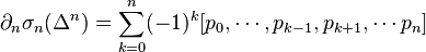 \partial_n\sigma_n(\Delta^n)=\sum_{k=0}^n(-1)^k [p_0,\cdots,p_{k-1},p_{k+1},\cdots p_n]