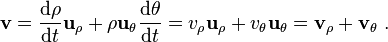  \mathbf{v} = \frac {\mathrm{d} \rho }{\mathrm{d}t} \mathbf{u}_{\rho} + \rho \mathbf{u}_{\theta} \frac {\mathrm{d} \theta} {\mathrm{d}t} = v_{\rho} \mathbf{u}_{\rho} + v_{\theta} \mathbf{u}_{\theta} = \mathbf{v}_{\rho} + \mathbf{v}_{\theta} \ . 