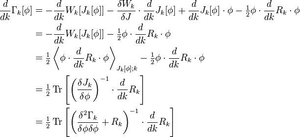 \begin{align}
\frac{d}{dk}\Gamma_k[\phi] &=-\frac{d}{dk}W_k[J_k[\phi]]-\frac{\delta W_k}{\delta J}\cdot\frac{d}{dk}J_k[\phi]+\frac{d}{dk}J_k[\phi]\cdot \phi-\tfrac{1}{2}\phi\cdot \frac{d}{dk}R_k \cdot \phi \\
&=-\frac{d}{dk}W_k[J_k[\phi]]-\tfrac{1}{2}\phi\cdot \frac{d}{dk}R_k \cdot \phi \\
&=\tfrac{1}{2}\left\langle\phi \cdot \frac{d}{dk}R_k \cdot \phi\right\rangle_{J_k[\phi];k}-\tfrac{1}{2}\phi\cdot \frac{d}{dk}R_k \cdot \phi \\
&=\tfrac{1}{2}\operatorname{Tr}\left[\left(\frac{\delta J_k}{\delta \phi}\right)^{-1}\cdot\frac{d}{dk}R_k\right] \\
&=\tfrac{1}{2}\operatorname{Tr}\left[\left(\frac{\delta^2 \Gamma_k}{\delta \phi \delta \phi}+R_k\right)^{-1}\cdot\frac{d}{dk}R_k\right]
\end{align}