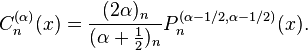 C_n^{(\alpha)}(x) = \frac{(2\alpha)_n}{(\alpha+\frac{1}{2})_{n}}P_n^{(\alpha-1/2,\alpha-1/2)}(x).