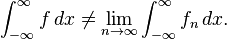 \int_{-\infty}^\infty f\,dx \not= \lim_{n\to\infty}\int_{-\infty}^\infty f_n\,dx.