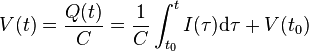 V(t) = \frac{Q(t)}{C} = \frac{1}{C}\int_{t_0}^t I(\tau) \mathrm{d}\tau + V(t_0)