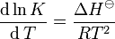 The derivative of the natural logarithm of any equilibrium constant K with respect to the [[kelvin|absolute temperature]] T equals the standard enthalpy change for the reaction divided by the product R times T squared. Here R represents the gas constant, which equals the thermal energy per mole per kelvin. The standard enthalpy is written as Delta H with a superscript plimsoll mark represented by the image strikeO. This equation follows from the definition of the Gibbs energy Delta G equals R times T times the natural logarithm of K.