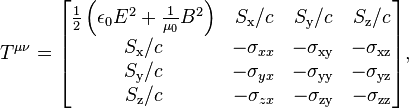 T^{\mu\nu} =\begin{bmatrix} \frac{1}{2}\left(\epsilon_0 E^2+\frac{1}{\mu_0}B^2\right) & S_\text{x}/c & S_\text{y}/c & S_\text{z}/c \\
S_\text{x}/c & -\sigma_{xx} & -\sigma_\text{xy} & -\sigma_\text{xz} \\
S_\text{y}/c & -\sigma_{yx} & -\sigma_\text{yy} & -\sigma_\text{yz} \\
S_\text{z}/c & -\sigma_{zx} & -\sigma_\text{zy} & -\sigma_\text{zz} \end{bmatrix},