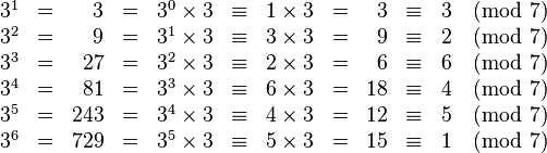 
\begin{array}{rcrcrcrcrcr}
3^1 &=&   3 &=& 3^0 \times 3 &\equiv& 1 \times 3 &=&  3 &\equiv& 3 \pmod 7 \\
3^2 &=&   9 &=& 3^1 \times 3 &\equiv& 3 \times 3 &=&  9 &\equiv& 2 \pmod 7 \\
3^3 &=&  27 &=& 3^2 \times 3 &\equiv& 2 \times 3 &=&  6 &\equiv& 6 \pmod 7 \\
3^4 &=&  81 &=& 3^3 \times 3 &\equiv& 6 \times 3 &=& 18 &\equiv& 4 \pmod 7 \\
3^5 &=& 243 &=& 3^4 \times 3 &\equiv& 4 \times 3 &=& 12 &\equiv& 5 \pmod 7 \\
3^6 &=& 729 &=& 3^5 \times 3 &\equiv& 5 \times 3 &=& 15 &\equiv& 1 \pmod 7 \\
\end{array}
