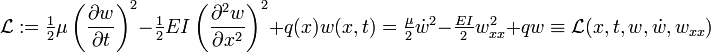 
   \mathcal{L} := \tfrac{1}{2} \mu \left( \frac{\partial w}{\partial t} \right)^2 - \tfrac{1}{2} EI \left( \frac{ \partial^2 w}{\partial x^2} \right)^2 + q(x) w(x,t) = \tfrac{\mu}{2}\dot{w}^2 - \tfrac{EI}{2}w_{xx}^2 + qw \equiv \mathcal{L}(x, t, w, \dot{w}, w_{xx})
 