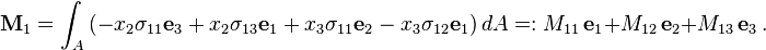 
   \mathbf{M}_1 = \int_A \left(-x_2\sigma_{11}\mathbf{e}_3 + x_2\sigma_{13}\mathbf{e}_1 + x_3\sigma_{11}\mathbf{e}_2 - x_3\sigma_{12}\mathbf{e}_1\right)dA =: M_{11}\,\mathbf{e}_1 + M_{12}\,\mathbf{e}_2 + M_{13}\,\mathbf{e}_3\,.
 