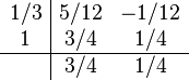 
\begin{array}{c|cc}
1/3 & 5/12 & -1/12\\
1   & 3/4  &  1/4 \\
\hline
    & 3/4 & 1/4 \\
\end{array}
