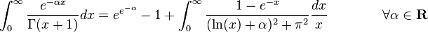 \int_0^{\infty}\frac{e^{-\alpha x}}{\Gamma(x+1)}dx = e^{e^{-\alpha}}-1+\int_0^{\infty} \frac{1-e^{-x}}{(\ln(x)+\alpha)^2+\pi^2}\frac{dx}{x} \qquad \qquad \forall \alpha \in \mathbf{R}