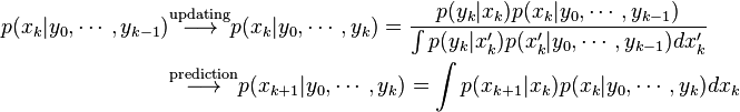 \begin{align} 
p(x_k|y_0,\cdots,y_{k-1}) &\stackrel{\text{updating}}{\longrightarrow} p(x_k|y_0,\cdots,y_k)=\frac{p(y_k|x_k)p(x_k|y_0,\cdots,y_{k-1})}{\int p(y_k|x'_k)p(x'_k|y_0,\cdots,y_{k-1})dx'_k}  \\
&\stackrel{\text{prediction}}{\longrightarrow}p(x_{k+1}|y_0,\cdots,y_k)=\int p(x_{k+1}|x_k) p(x_k|y_0,\cdots,y_k) dx_k
\end{align}