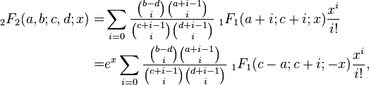 \begin{align}
{}_2F_2(a,b;c,d;x)=& \sum_{i=0} \frac{{b-d \choose i}{a+i-1 \choose i}}{{c+i-1 \choose i}{d+i-1 \choose i}} \; {}_1F_1(a+i;c+i;x)\frac{x^i}{i!} \\
=& e^x \sum_{i=0} \frac{{b-d \choose i}{a+i-1 \choose i}}{{c+i-1 \choose i}{d+i-1 \choose i}} \; {}_1F_1(c-a;c+i;-x)\frac{x^i}{i!},
\end{align}