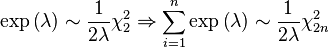 \exp \left( \lambda  \right) \sim \frac{1}{2\lambda }\chi _{2}^{2}\Rightarrow \sum\limits_{i=1}^{n}{\exp \left( \lambda  \right)} \sim \frac{1}{2\lambda }\chi _{2n}^{2}