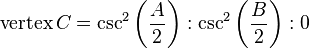  \text{vertex} \, C = \csc^2\left(\frac{A}{2}\right) : \csc^2\left(\frac{B}{2}\right) : 0