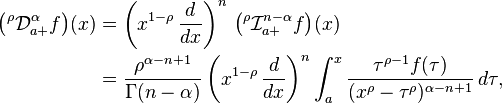 \begin{align}
\big({}^\rho \mathcal{D}^\alpha_{a+}f\big)(x)&= \bigg(x^{1-\rho} \,\frac{d}{dx}\bigg)^n\,\, \big({}^\rho \mathcal{I}^{n-\alpha}_{a+}f\big)(x)\\
 &= \frac{\rho^{\alpha-n+1 }}{\Gamma({n-\alpha})} \, \bigg(x^{1-\rho} \,\frac{d}{dx}\bigg)^n \int^x_a \frac{\tau^{\rho-1} f(\tau) }{(x^\rho - \tau^\rho)^{\alpha-n+1}}\, d\tau,
\end{align}