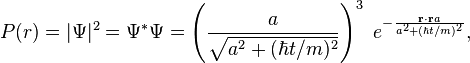 P(r)=  |\Psi|^2 = \Psi^*\Psi = \left( {a \over \sqrt{a^2+(\hbar t/m)^2} }\right)^3  ~ e^{-{\bold{r}\cdot\bold{r} a \over a^2 + (\hbar t/m)^2}},