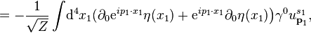  =-\frac{1}{\sqrt{Z}}\int\!\mathrm{d}^4 x_1(\partial_0\mathrm{e}^{ip_1\cdot x_1}\eta(x_1)+\mathrm{e}^{ip_1\cdot x_1}\partial_0\eta(x_1)\big)\gamma^0 u^{s_1}_{\textbf{p}_1},