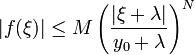 |f(\xi)|\le M\left(\frac{|\xi + \lambda|}{y_0+\lambda}\right)^N