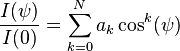 
\frac{I(\psi)}{I(0)} = \sum_{k=0}^N a_k \, \textrm{cos}^k(\psi)
