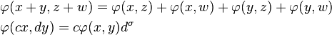 \begin{align}
&\varphi(x + y, z + w) = \varphi(x, z) + \varphi(x, w) + \varphi(y, z) + \varphi(y, w)\\
&\varphi(c x, d y) = c \varphi(x,y) d^{\sigma}\end{align}