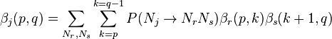 
\beta_j(p,q) = \sum_{N_r,N_s} \sum_{k=p}^{k=q-1} P(N_j \rightarrow N_r N_s)\beta_r(p,k) \beta_s(k+1,q)
