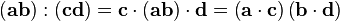  \left(\mathbf{ab}\right):\left(\mathbf{cd}\right) = \mathbf{c}\cdot\left(\mathbf{ab}\right)\cdot\mathbf{d} =  \left(\mathbf{a}\cdot\mathbf{c}\right)\left(\mathbf{b}\cdot\mathbf{d}\right) 