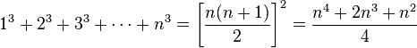 1^3 + 2^3 + 3^3 + \cdots + n^3 = \left[\frac{n(n+1)}{2}\right]^2 = \frac{n^4 + 2n^3 + n^2}{4}