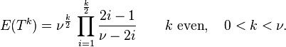 E(T^k)= \nu^{\frac{k}{2}} \, \prod_{i=1}^{\frac{k}{2}} \frac{2i-1}{\nu - 2i} \qquad k\text{ even},\quad 0<k<\nu. 