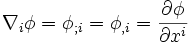 
\nabla_i \phi=\phi_{;i}=\phi_{,i}=\frac{\partial \phi}{\partial x^i}
