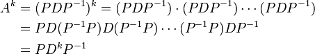 \begin{align} 
A^k &= (PDP^{-1})^k = (PDP^{-1}) \cdot (PDP^{-1}) \cdots (PDP^{-1}) \\
&= PD(P^{-1}P) D (P^{-1}P) \cdots (P^{-1}P) D P^{-1} \\
&= PD^kP^{-1} \end{align} 