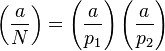 
\left(\frac{a}{N}\right) = \left(\frac{a}{p_1}\right)\left(\frac{a}{p_2}\right)
