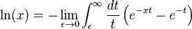  \ln(x) = -\lim_{\epsilon \to 0} \int_\epsilon^\infty \frac{dt}{t}\left( e^{-xt} - e^{-t} \right)