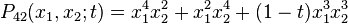  P_{42}(x_1,x_2;t) = x_1^4 x_2^2 + x_1^2 x_2^4 + (1-t) x_1^3 x_2^3 