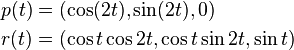 
\begin{align}
p(t) &= (\cos(2t), \sin(2t), 0)\\
r(t) &= ( \cos t \cos 2 t , \cos t \sin 2 t, \sin t )
\end{align}
