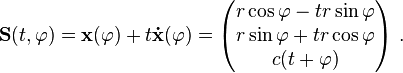 \mathbf S(t,\varphi)=\mathbf x(\varphi)+t\mathbf \dot x(\varphi)=
\begin{pmatrix}
r\cos \varphi-tr\sin\varphi\\
r\sin \varphi+tr\cos\varphi\\
c(t+\varphi)
\end{pmatrix}\ .