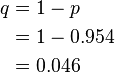 
\begin{align}
q & = 1 - p \\
& = 1 - 0.954 \\
& = 0.046
\end{align}
