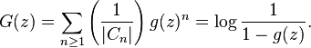  G(z) = \sum_{n\ge 1} \left(\frac{1}{|C_n|}\right) g(z)^n = 
\log \frac{1}{1-g(z)}.