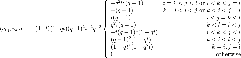  \langle v_{i,j}, v_{k,l}\rangle = -(1-t)(1+qt)(q-1)^2t^{-2}q^{-3}
\left\{
\begin{array}{lr}
-q^2t^2(q-1) & i=k<j<l \text{ or } i<k<j=l \\
-(q-1) & k=i<l<j \text{ or } k<i<j=l \\
t(q-1) & i<j=k<l \\
q^2t(q-1) & k<l=i<j \\
-t(q-1)^2(1+qt) & i<k<j<l \\
(q-1)^2(1+qt) & k<i<l<j \\
(1-qt)(1+q^2t) & k=i, j=l \\
0 & \text{otherwise} \\
\end{array}
\right.