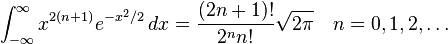 \int_{-\infty}^\infty x^{2(n+1)}e^{-x^{2}/2}\,dx=\frac{(2n+1)!}{2^{n}n!}\sqrt{2 \pi} \quad n=0,1,2,\ldots 