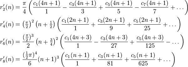 \begin{align}
r'_2(n) &= \frac{\pi}{4} \left(\frac{c_1(4n+1)}{1}- \frac{c_3(4n+1)}{3}+ \frac{c_5(4n+1)}{5}- \frac{c_7(4n+1)}{7}+ \dots \right) \\
r'_4(n) &= \left(\tfrac{\pi}{2}\right)^2\left(n+\tfrac12\right) \left(\frac{c_1(2n+1)}{1}+\frac{c_3(2n+1)}{9}+ \frac{c_5(2n+1)}{25}+ \dots \right) \\
r'_6(n) &= \frac{(\tfrac{\pi}{2})^3}{2}\left(n+\tfrac34\right)^2 \left(\frac{c_1(4n+3)}{1}-\frac{c_3(4n+3)}{27}+ \frac{c_5(4n+3)}{125}-\dots \right)\\ 
r'_8(n) &= \frac{(\frac12\pi)^4}{6}(n+1)^3 \left( \frac{c_1(n+1)}{1}+ \frac{c_3(n+1)}{81}+ \frac{c_5(n+1)}{625}+ \dots \right) 
\end{align}