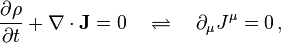 \frac{\partial \rho}{\partial t} + \nabla\cdot\mathbf{J} = 0 \quad \rightleftharpoons  \quad \partial_\mu J^\mu = 0 \,, 
