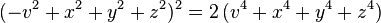 (-v^2+x^2+y^2+z^2)^2=2\,(v^4+x^4+y^4+z^4) 