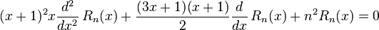 (x+1)^2x\frac{d^2}{dx^2}\,R_n(x)+\frac{(3x+1)(x+1)}{2}\frac{d}{dx}\,R_n(x)+n^2R_{n}(x) = 0